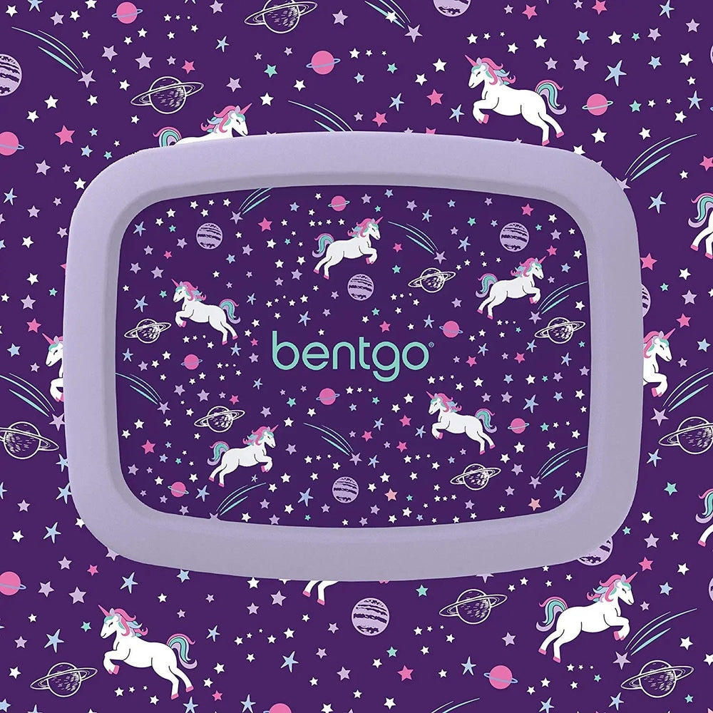 Bentogo Kids Prints Bento Lunch Box with lavender frame, featuring a purple unicorn space pattern.