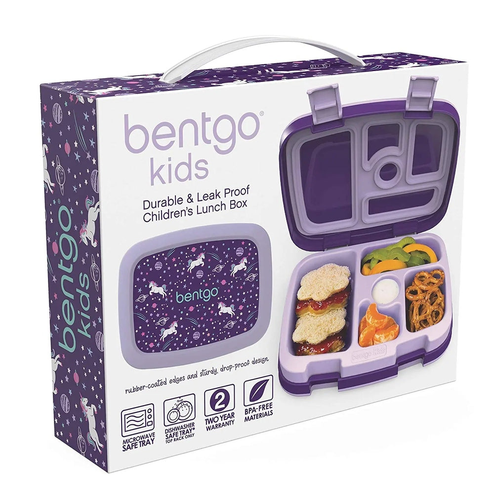 Bentgo Kids Prints Bento Lunch Box in purple with 5-compartment tray and handle, lid open to reveal dividers