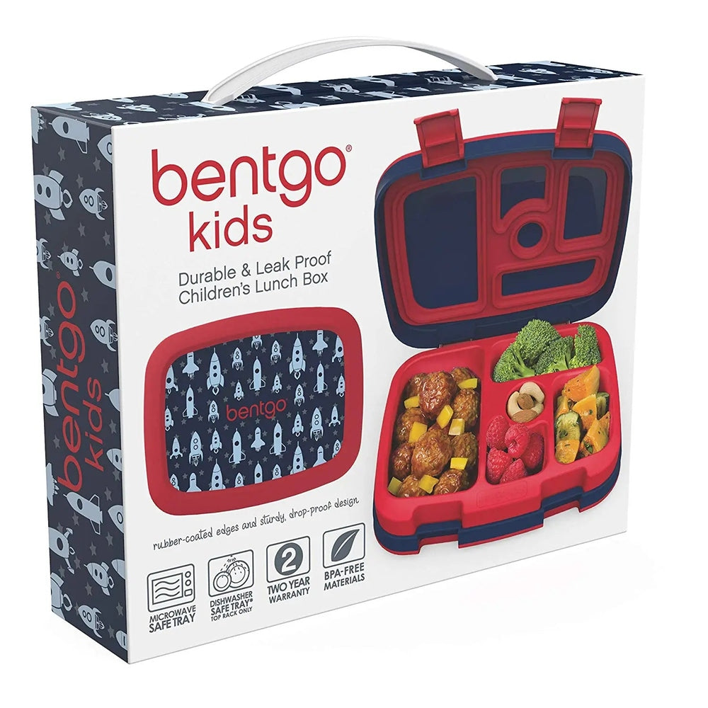 Bentogo Kids Prints Bento Lunch Box, red/navy, open to reveal multi-compartment tray for fruits, veg, and meals.