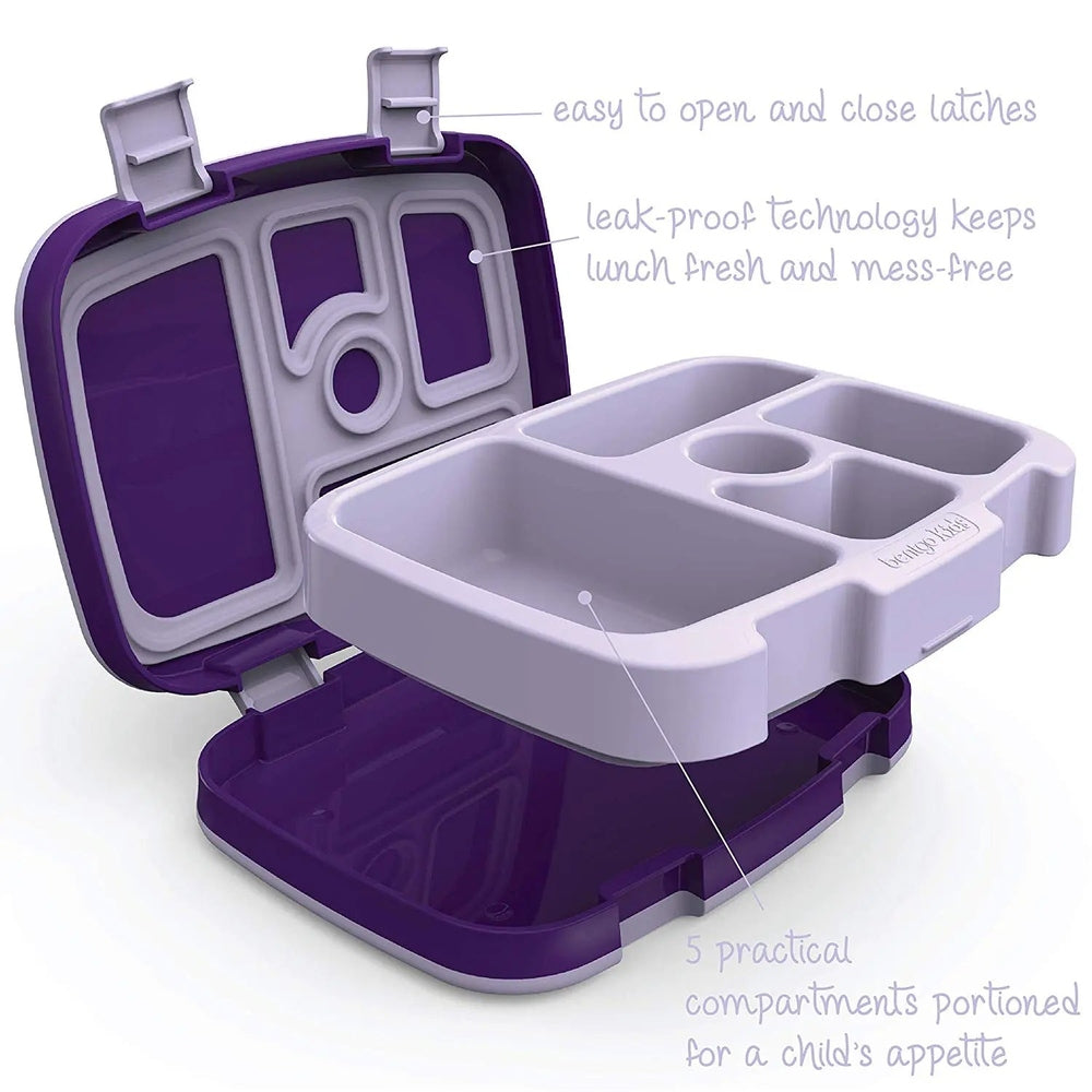 Bentogo Kids Prints Bento Lunch Box in purple with a removable white 5-compartment tray shown open for kid meals.