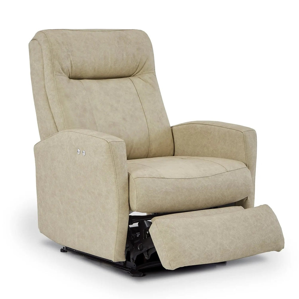 Best Home Furnishings Costilla power recliner in beige fabric with extended footrest, showing reclining action.