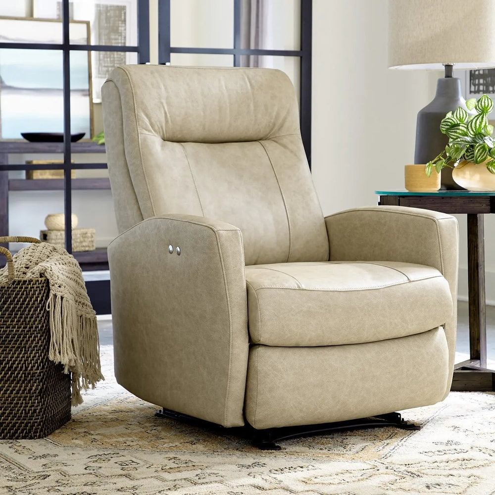 Best Home Furnishings Costilla power recliner in beige upholstery with cushioned arms and visible side controls