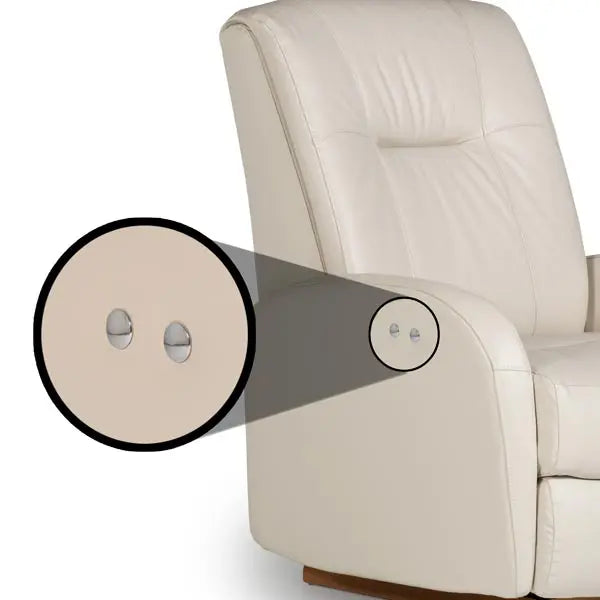 Best Home Furnishings Power-Recliner Ruddick in beige leather with dual-button controls on the arm.