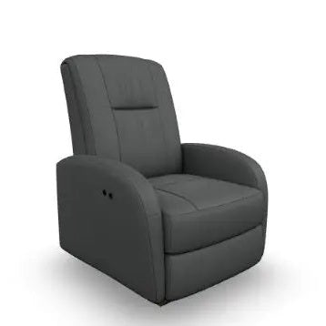 Best Home Furnishings Power-Recliner Ruddick in dark gray upholstery with side-control buttons demonstrating power recline.