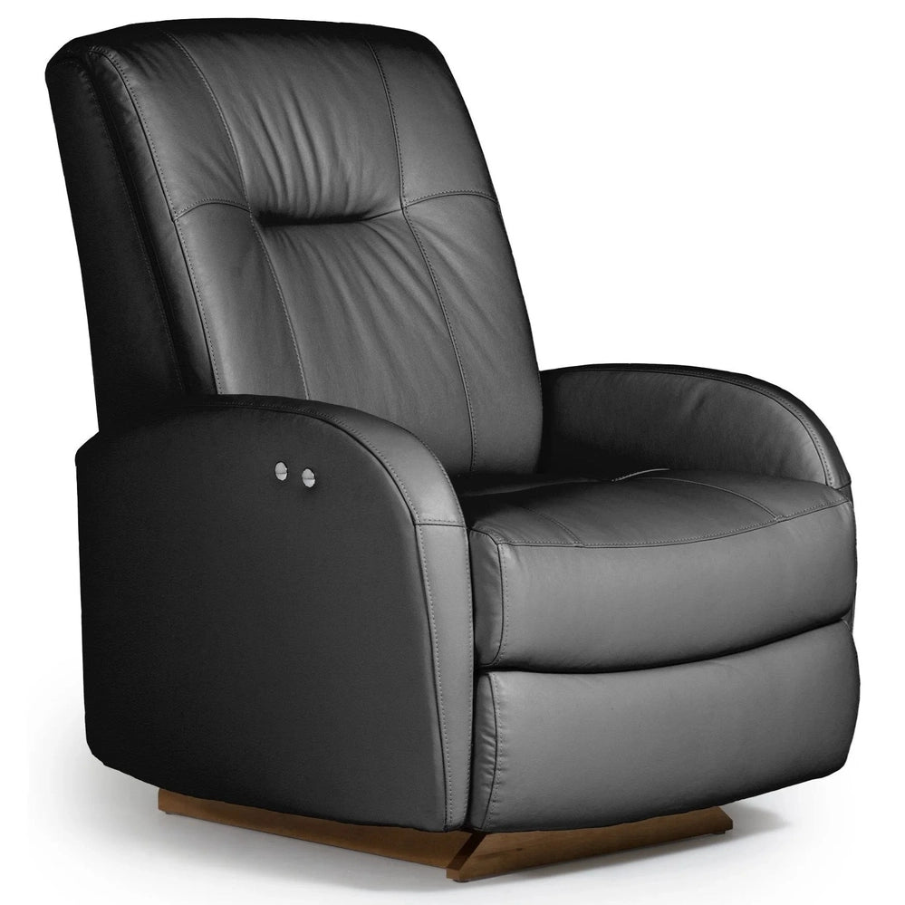 Ruddick power space-saver recliner by Best Home Furnishings in storm gray leather with wooden base