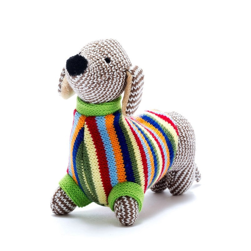 Best Years knitted sausage dog plush toy in a vibrant rainbow striped sweater