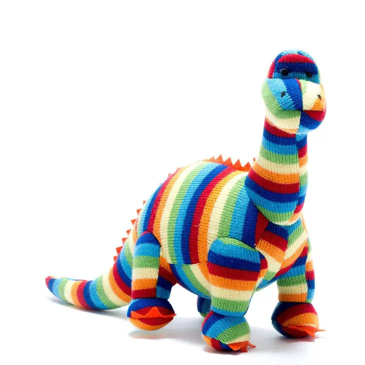 Best Years knitted Diplodocus plush toy in rainbow bold stripes, soft stuffed dinosaur