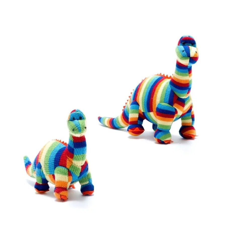 Best Years knitted diplodocus plush dinosaurs, rainbow striped, set of 2 stuffed toys