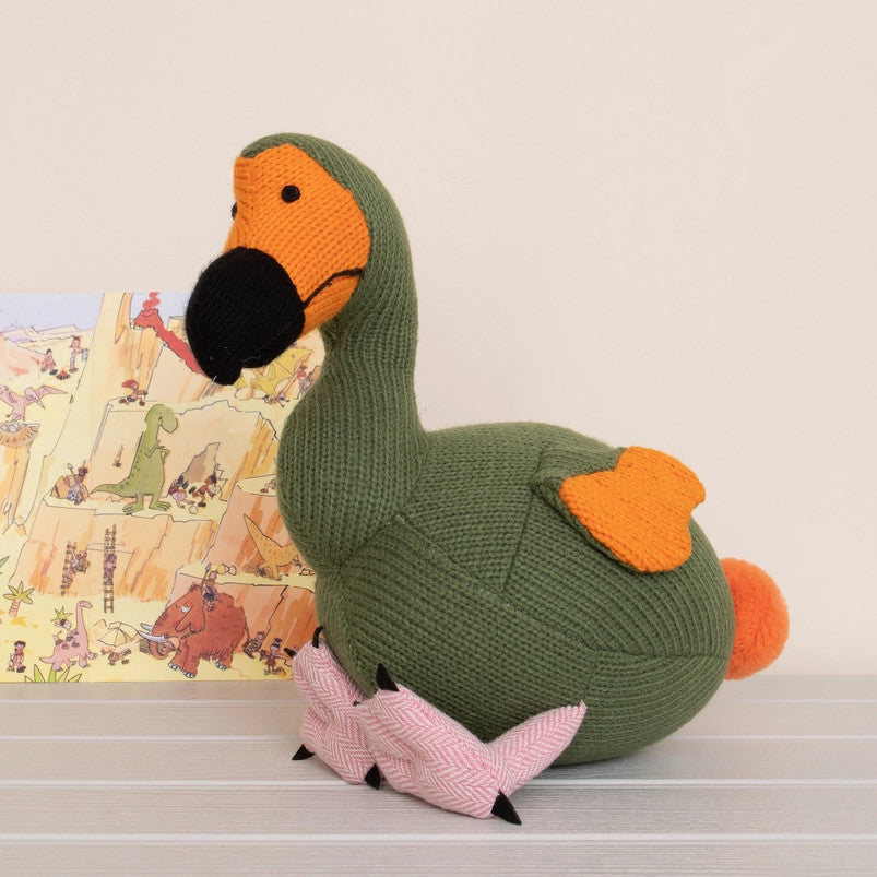 Best Years knitted dodo plush toy, green body with orange beak and tail, pink feet