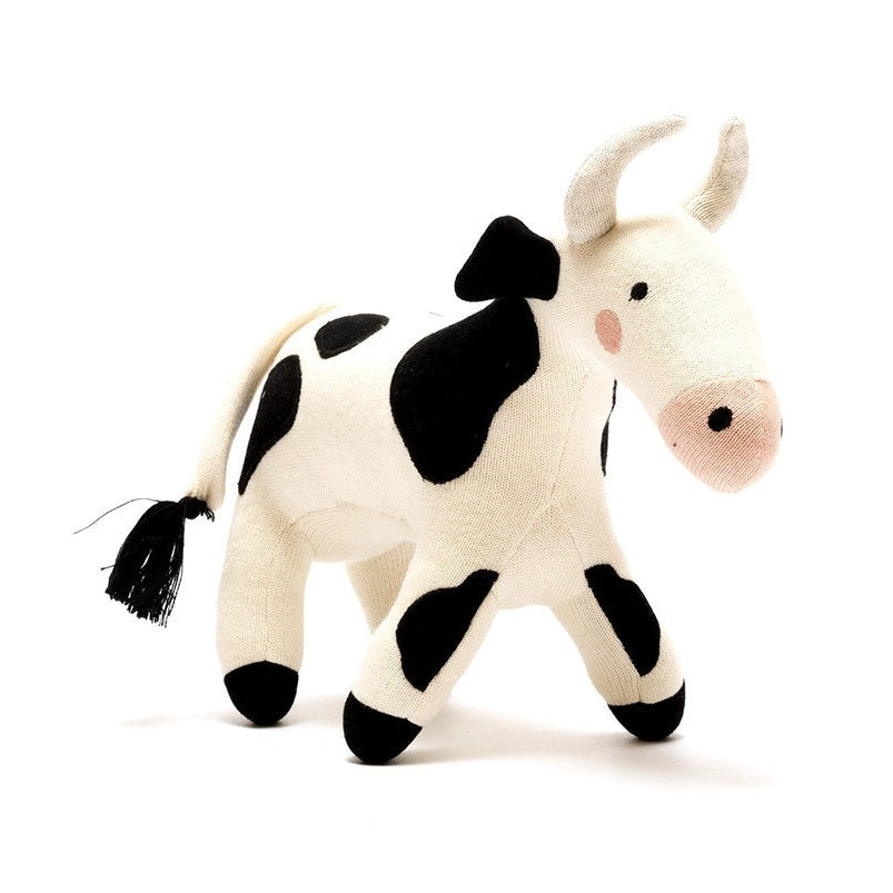 Best Years knitted organic cotton cow plush toy, white with black patches and pink nose