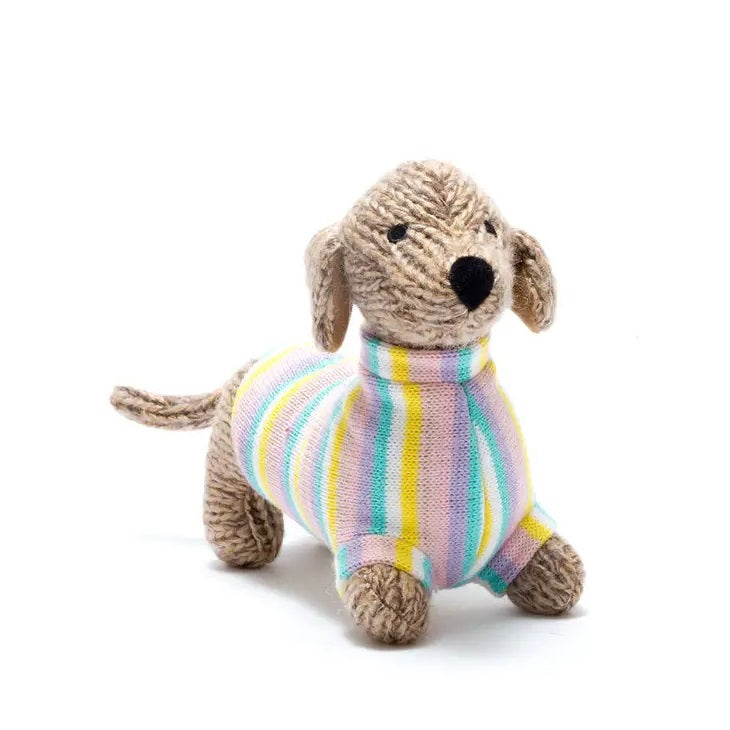 Best Years sausage dog plush toy, soft knit with pastel striped jumper