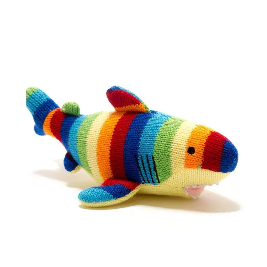 Best Years knitted rainbow shark baby rattle plush toy with bright multicolor stripes