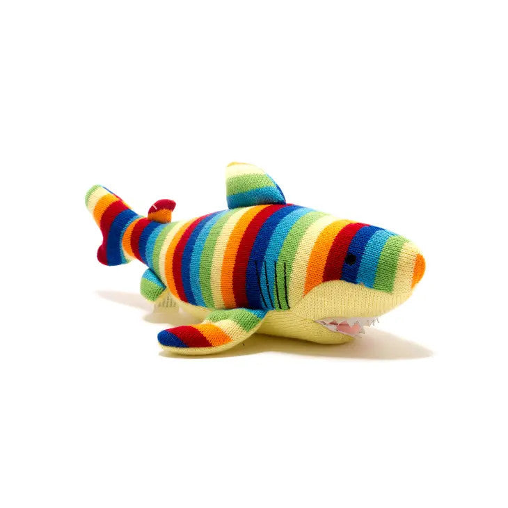 Shark plush toy by BEST YEARS in bright rainbow stripes