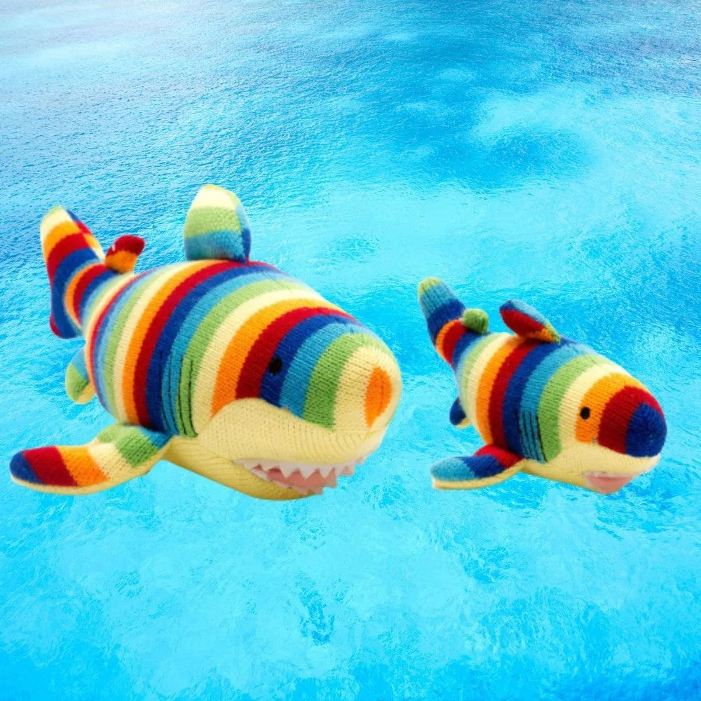 Best Years knitted shark plush toy, rainbow stripe sharks (set of 2), soft stuffed animals