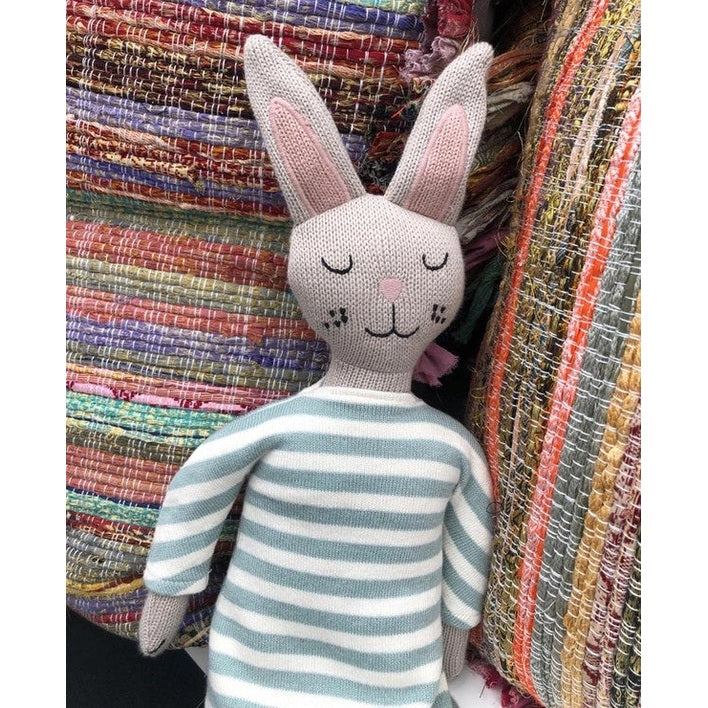 Best Years organic cotton knitted bunny plush with a light blue and white striped sweater