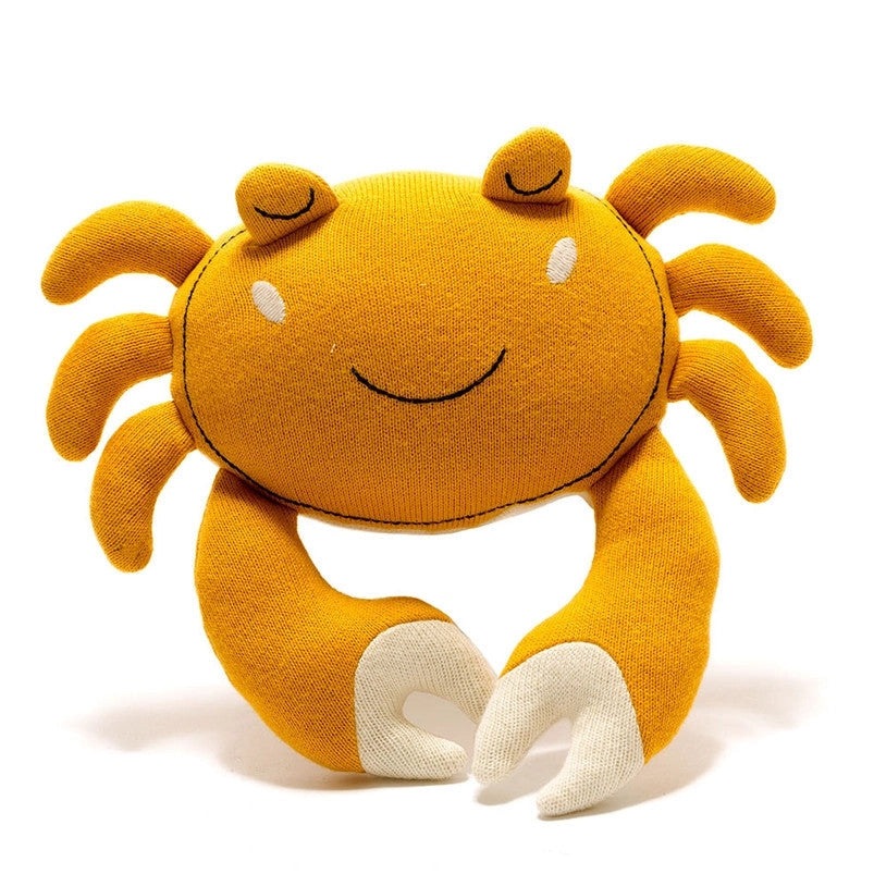 Best Years crab plush toy mustard yellow knitted organic cotton, soft stuffed animal