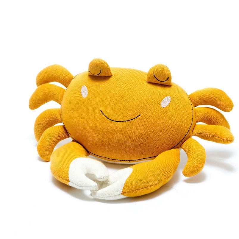 Best Years Tactile Crab Plush Toy Knitted Organic Cotton In Mustard
