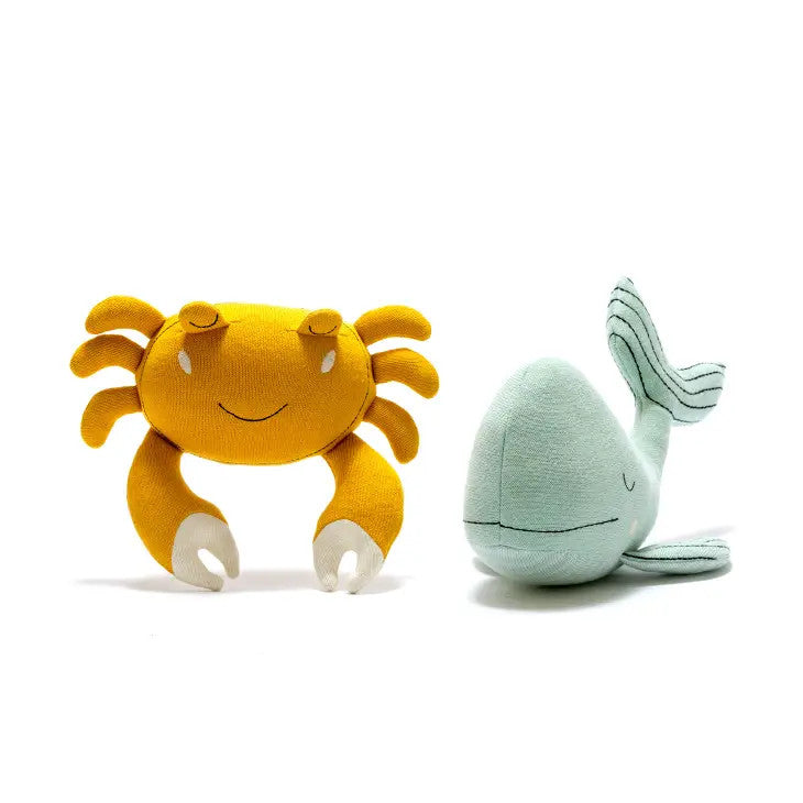 Best Years plush set: yellow crab and sea-green whale stuffed animals in organic cotton knit, 2-piece.