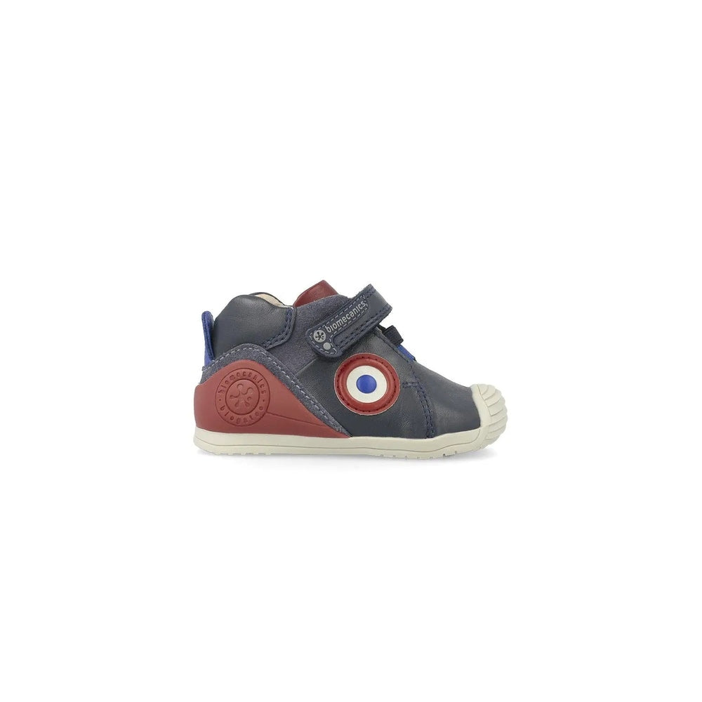Biomecanics Azul Marino Y Botin Elasticos Casual toddler shoe; navy-blue with red heel, Velcro strap fastened
