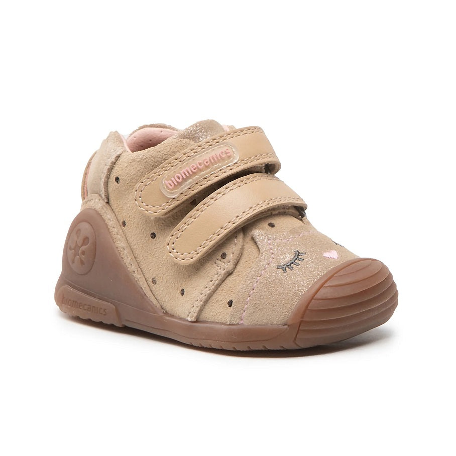 Biomecanics Beach Cat Booty Shoes for toddlers, beige suede with pink lining, two Velcro straps fastened, rubber toe cap