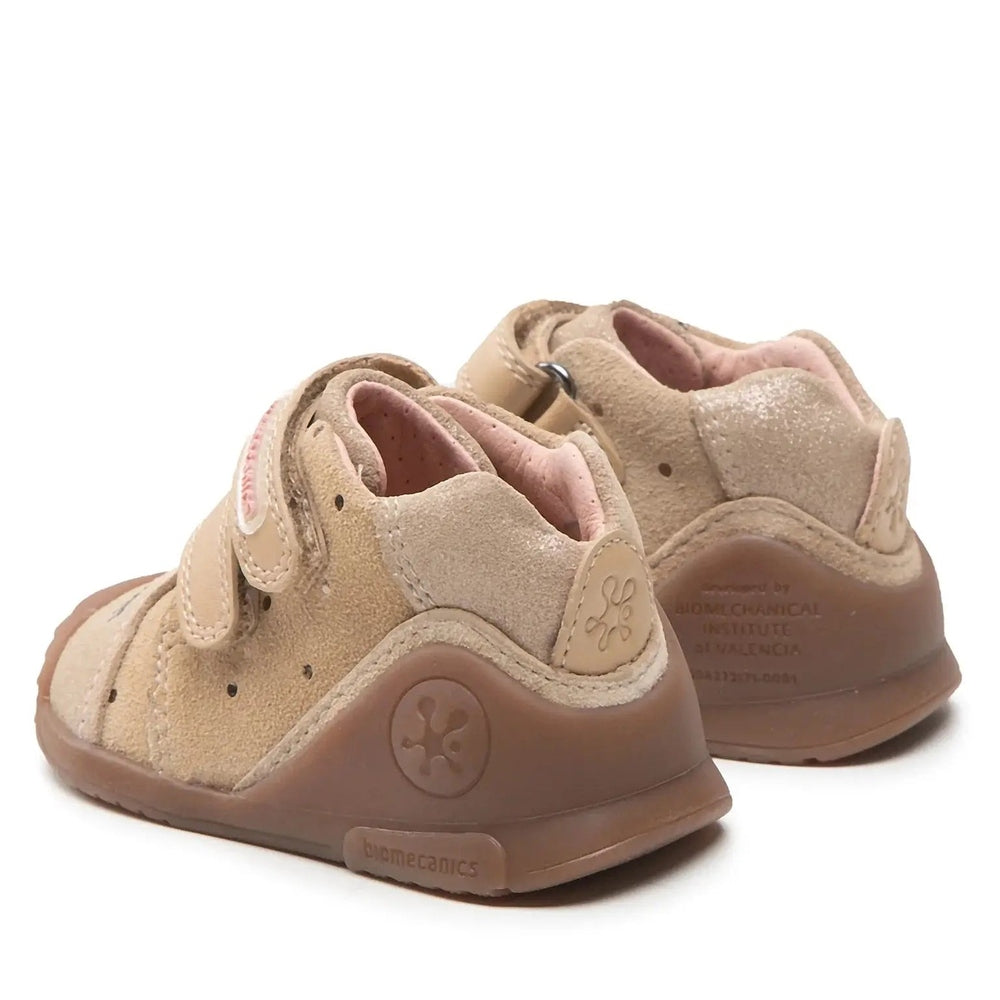Biomecanics Beach Cat Booty Shoes; beige suede with pink lining and Velcro straps, two baby shoes shown together