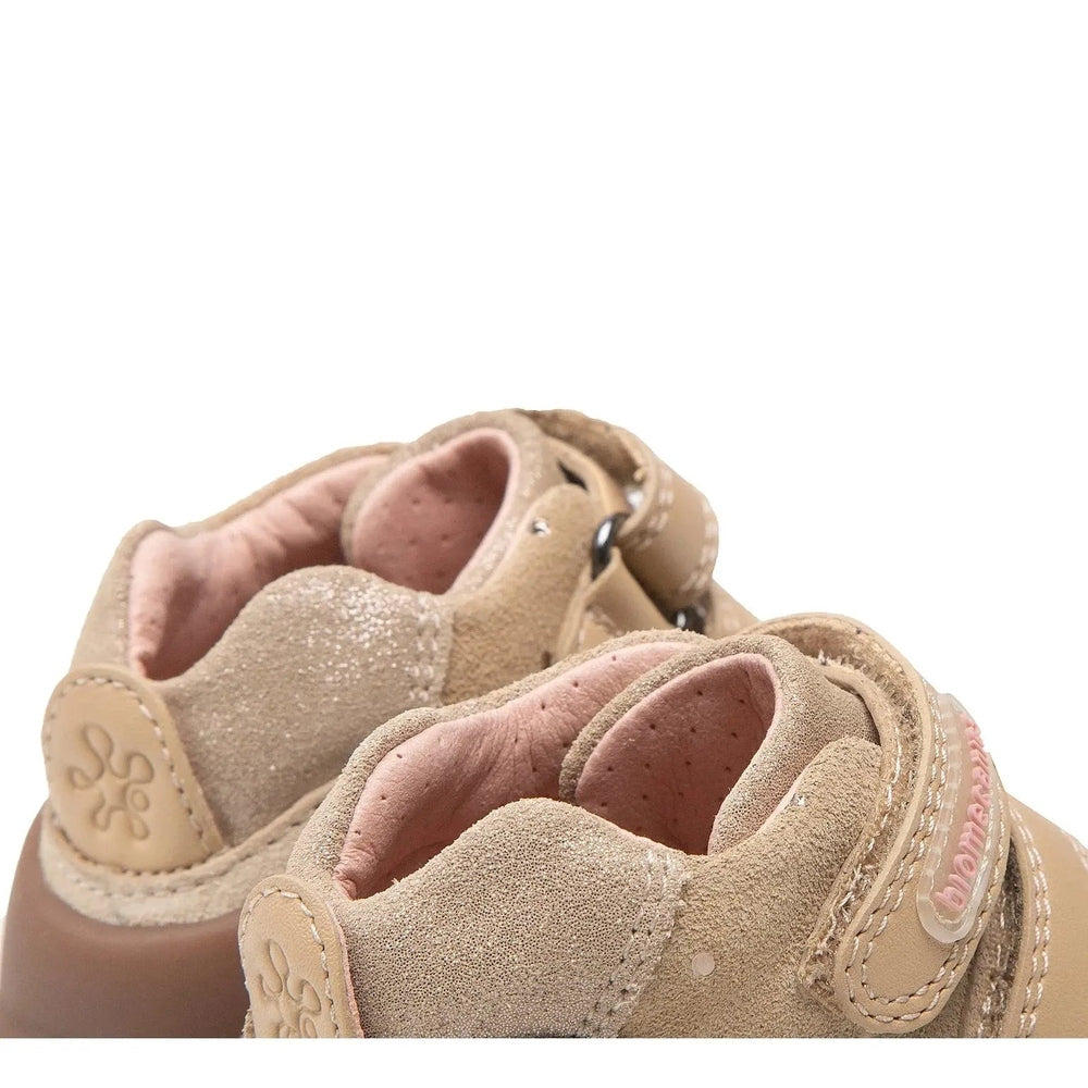 Biomecanics Beach Cat Booty Shoes, tan suede with pink lining and Velcro straps, pair shown with fastened closures.