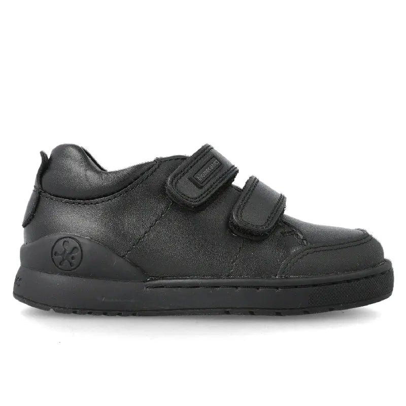 Biomecanics Black Napa Double Velcro School Shoes for kids, showing two Velcro straps fastening securely.
