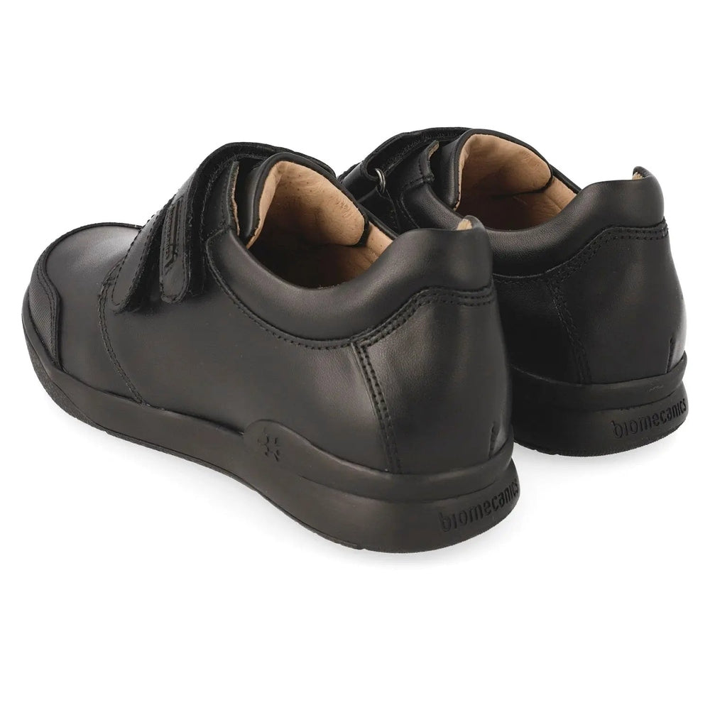 Biomecanics Black Napa Double Velcro School Shoes, pair of black leather kids' shoes shown from rear with dual Velcro straps.