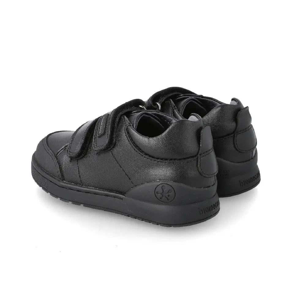 Biomecanics Black Napa Double Velcro School Shoes shown with two Velcro straps fastened.