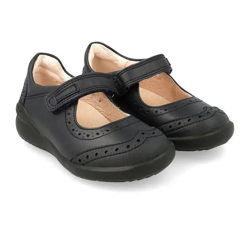 BIOMECANICS Black Napa Girls School Shoes, pair with Velcro straps fastened, perforated detailing.