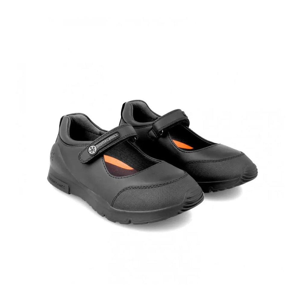 Biomecanics Black Napa Girl School Shoes pair with orange interior and Velcro straps displayed side by side.