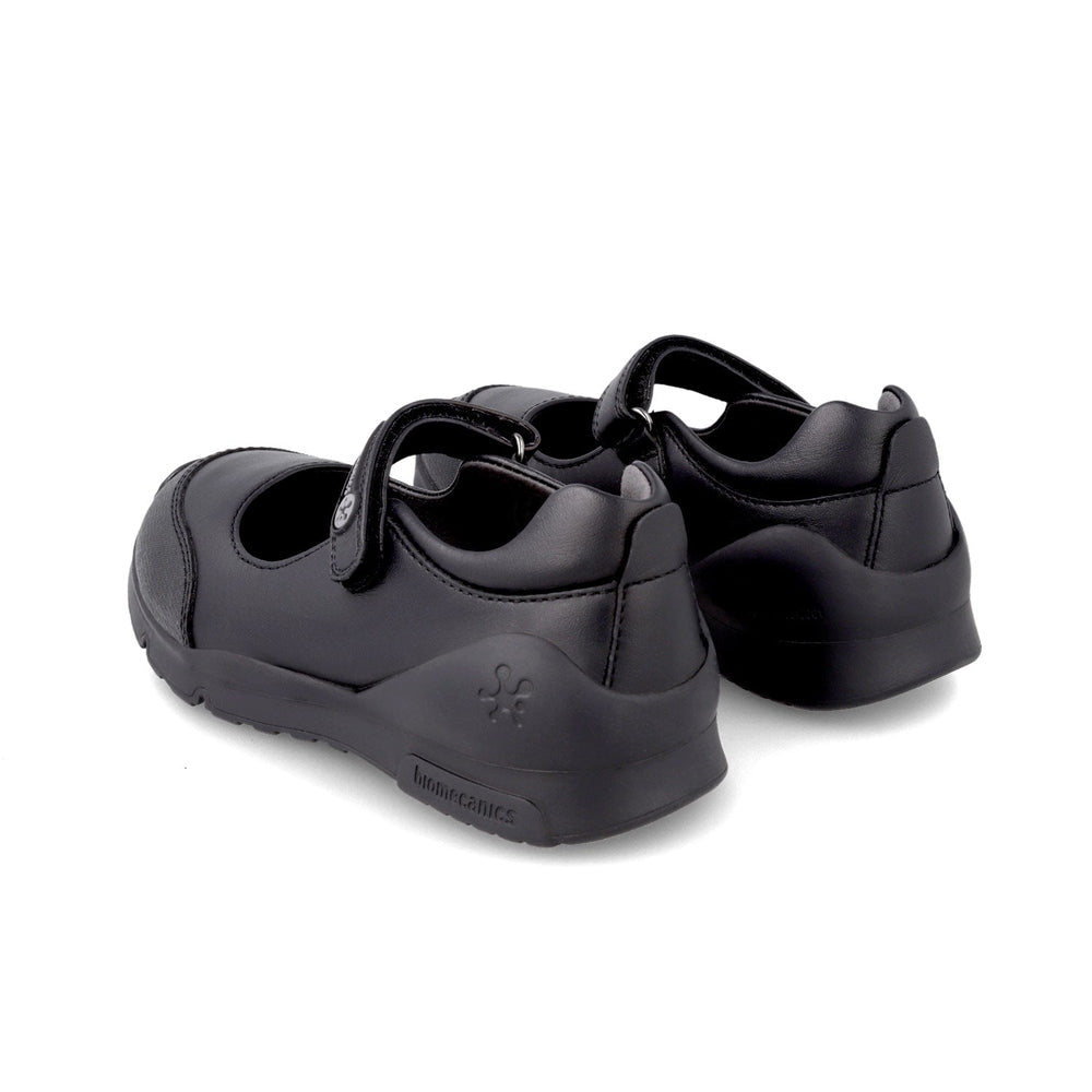 Biomecanics Black Napa Girl School Shoes with Velcro straps secured over a rounded toe and chunky sole.