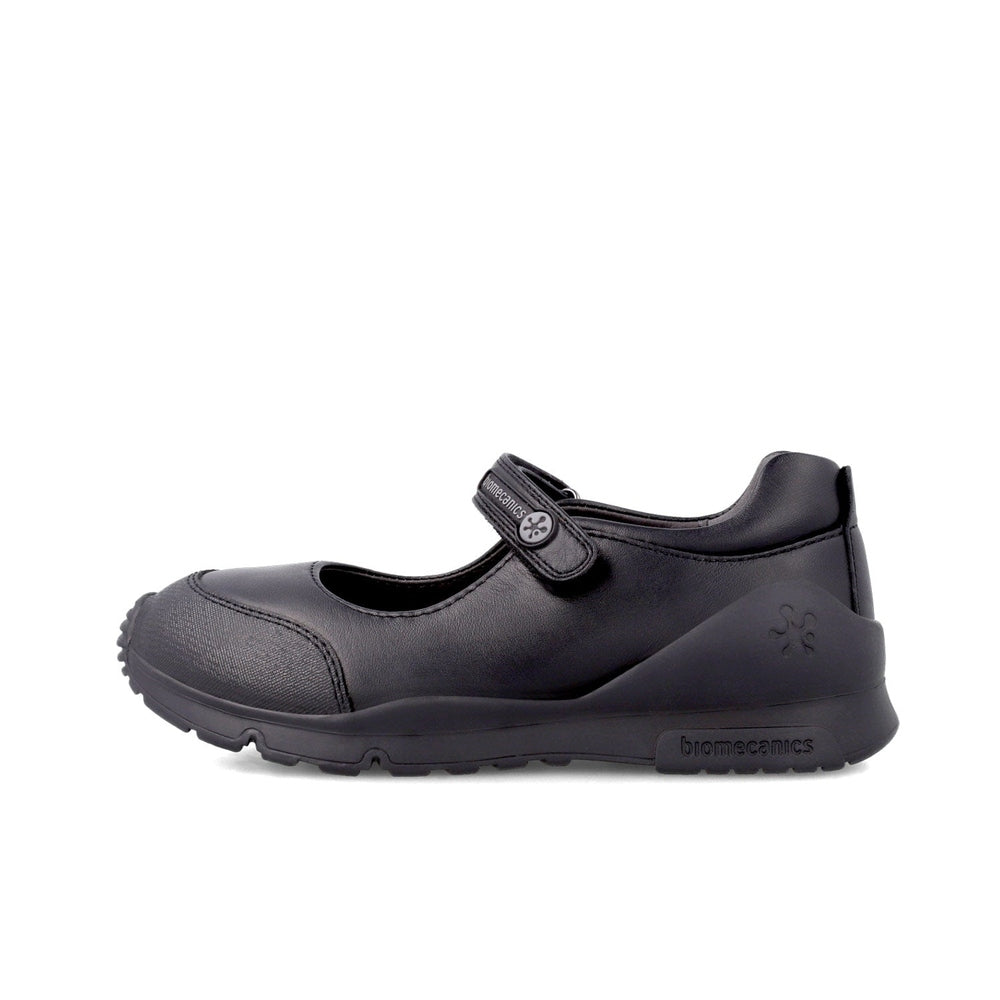 Biomecanics Black Napa Girl School Shoes with adjustable strap fastened over a sturdy sole.