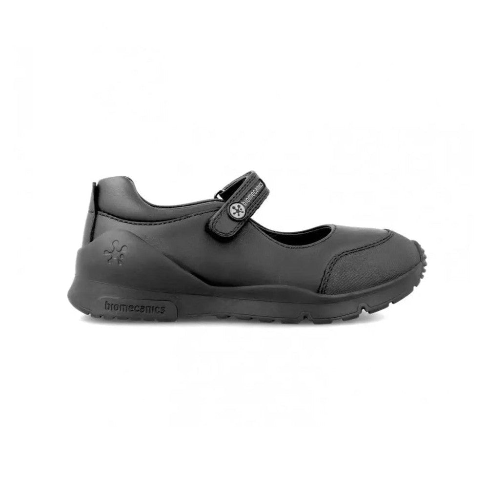 Biomecanics Black Napa Girl School Shoes with Velcro strap closure and rugged outsole, shown from side.