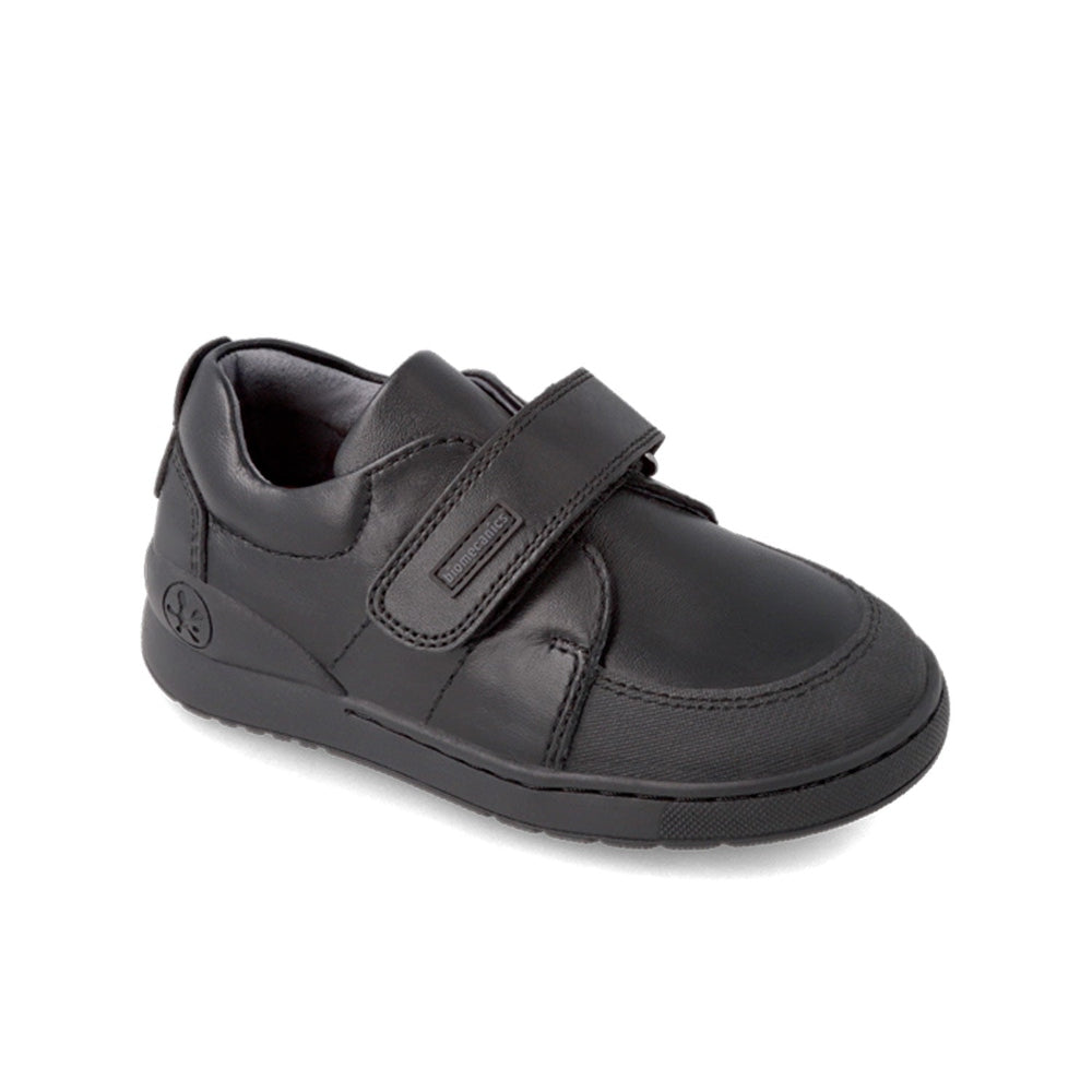 Biomecanics Black Napa Velcro School Shoes for kids, showing the secure Velcro strap fastening.