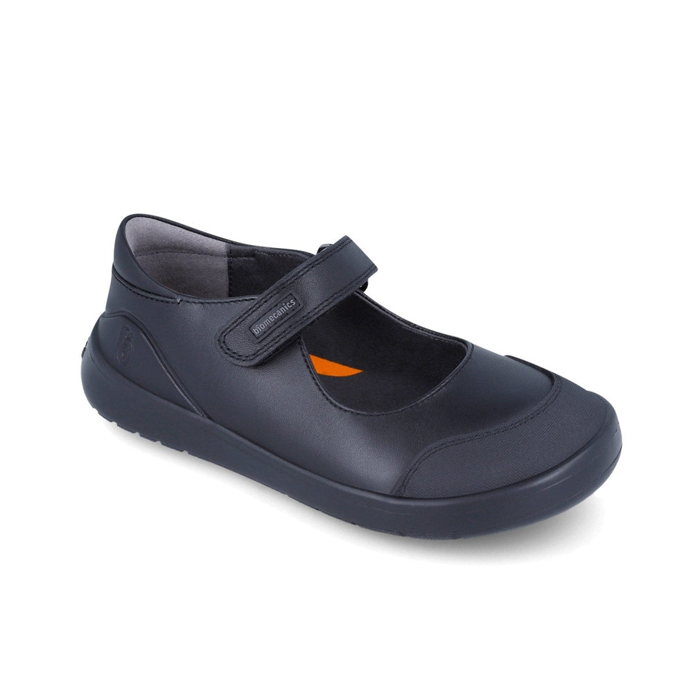 Biomecanics black napa girl school shoe with adjustable strap in navy leather