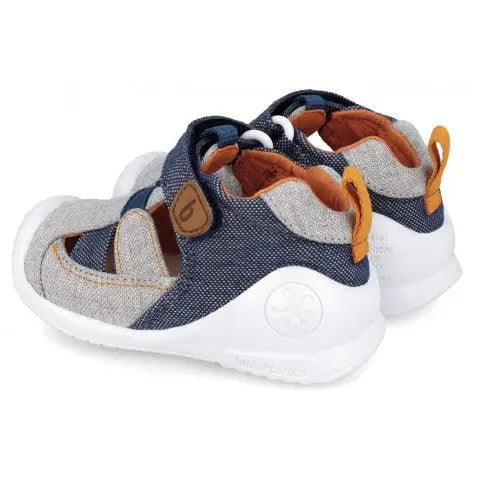 BIOMECANICS Canvas Sandals Azul Marin for babies; navy canvas with orange lining and Velcro straps.
