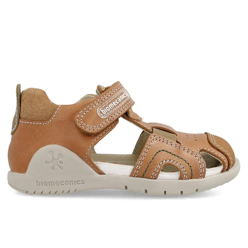 Biomecanics Sandalla Urban Arena Kaiser toddler sandal in tan leather with Velcro straps securing the foot.