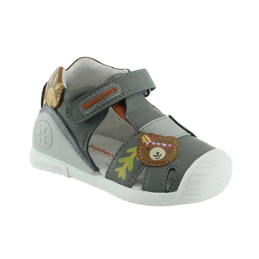 Biomecanics Sandals Tundr gray toddler sandal with Velcro straps securing the fit and bear patch emblem