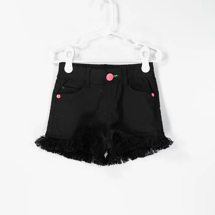 Bit'z Kids Girl's Super Stretch Shorts Black on a white hanger; pink cherry buttons and frayed hem visible.