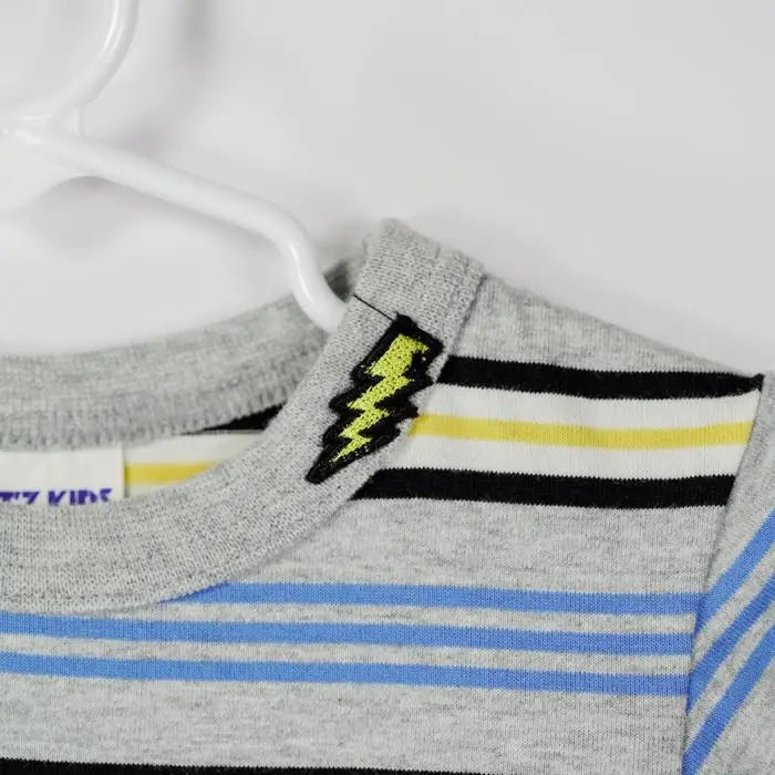 Bit'z Kids Irregular Striped Tee on a hanger, gray heather with blue stripes and a yellow-black shoulder patch.