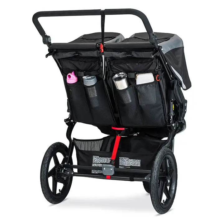 Bob Revolution Flex 3.0 Duallie Stroller in black, dual seats with cup holders and a red safety strap.