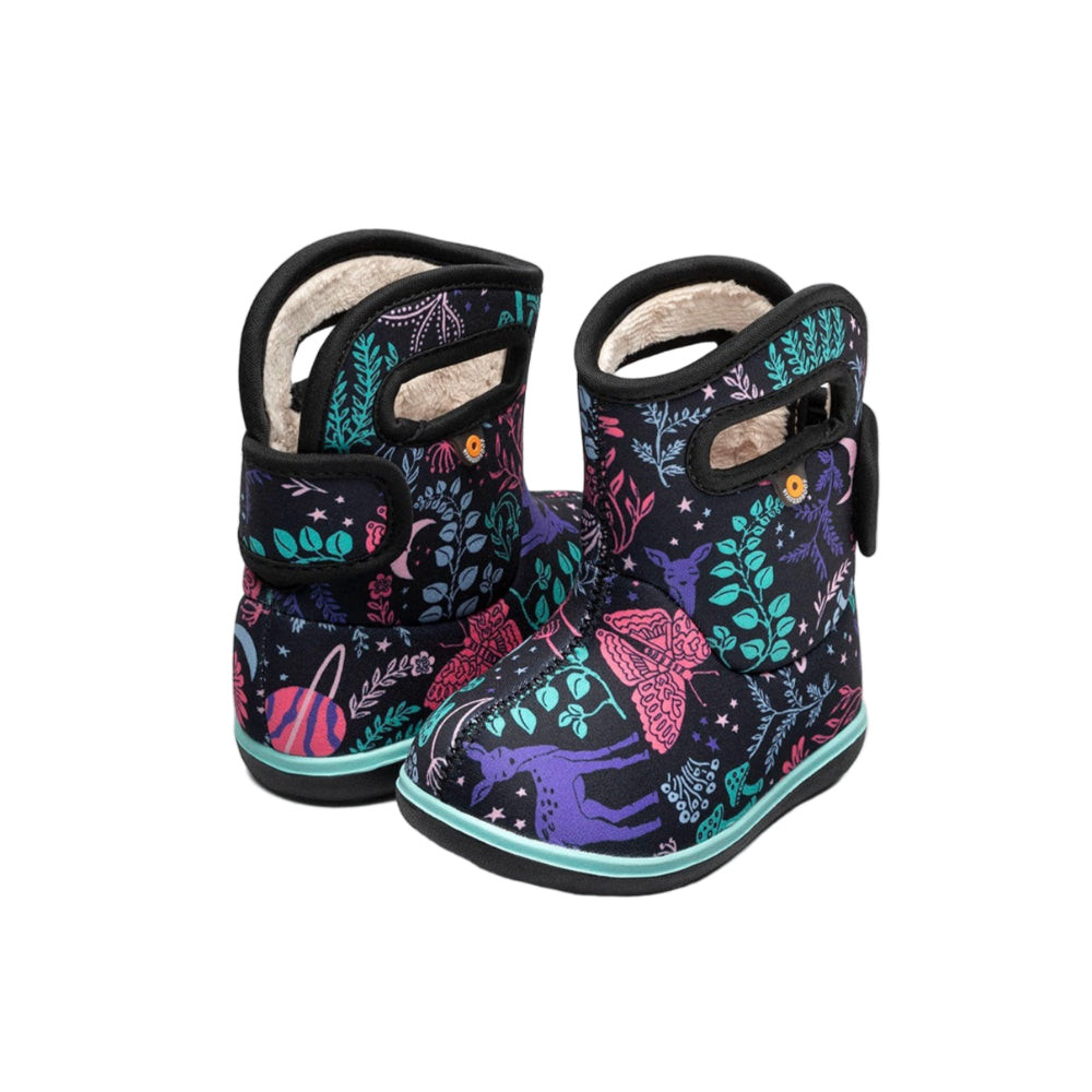 BOGS Baby Bogs II Cosmic Forest toddler rain boots, set of 2, navy with teal trim and colorful forest print