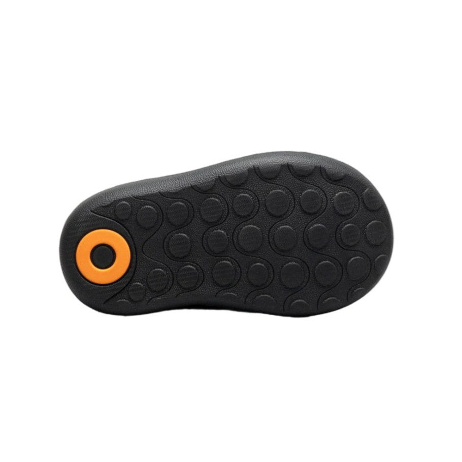 Baby Bogs Rainboot sole, black with orange circular logo, Cosmic Forest style