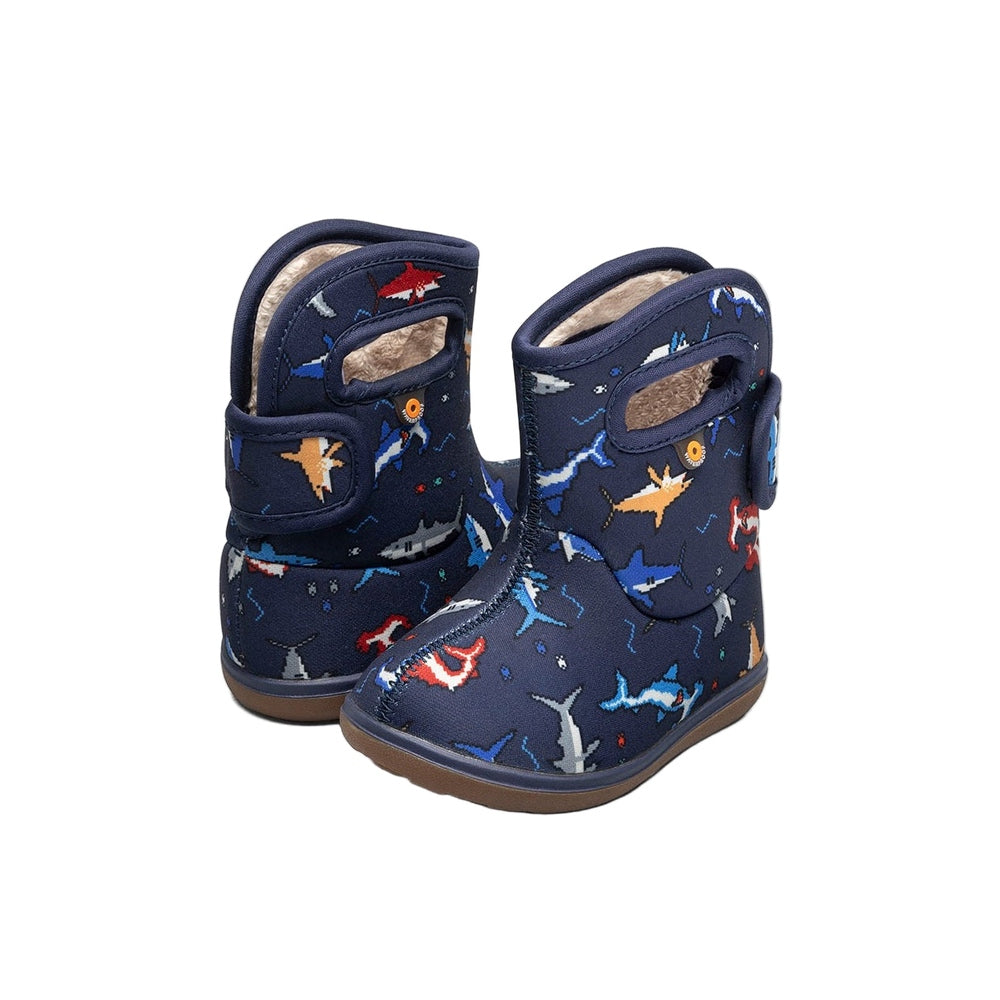 BOGS Baby Bogs II Pixel Shark toddler boots in navy with colorful shark print and warm fleece lining