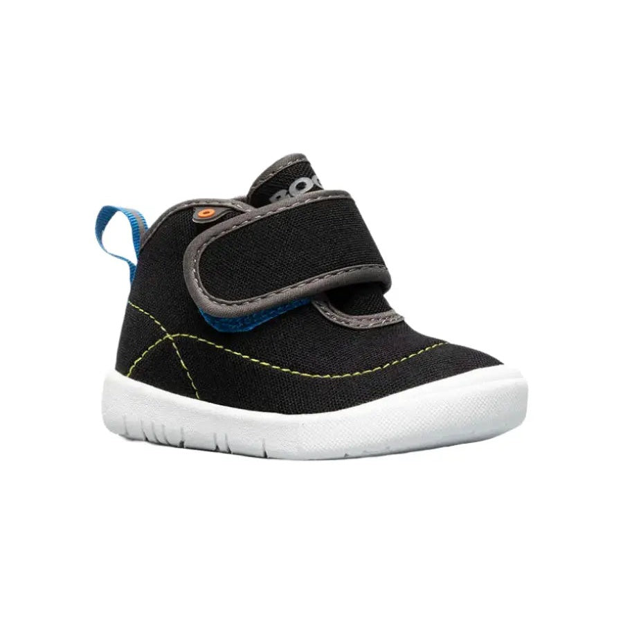BOGS Baby Kicker Mid Black Multi toddler boot with Velcro strap, blue pull tab, yellow stitching and white sole.