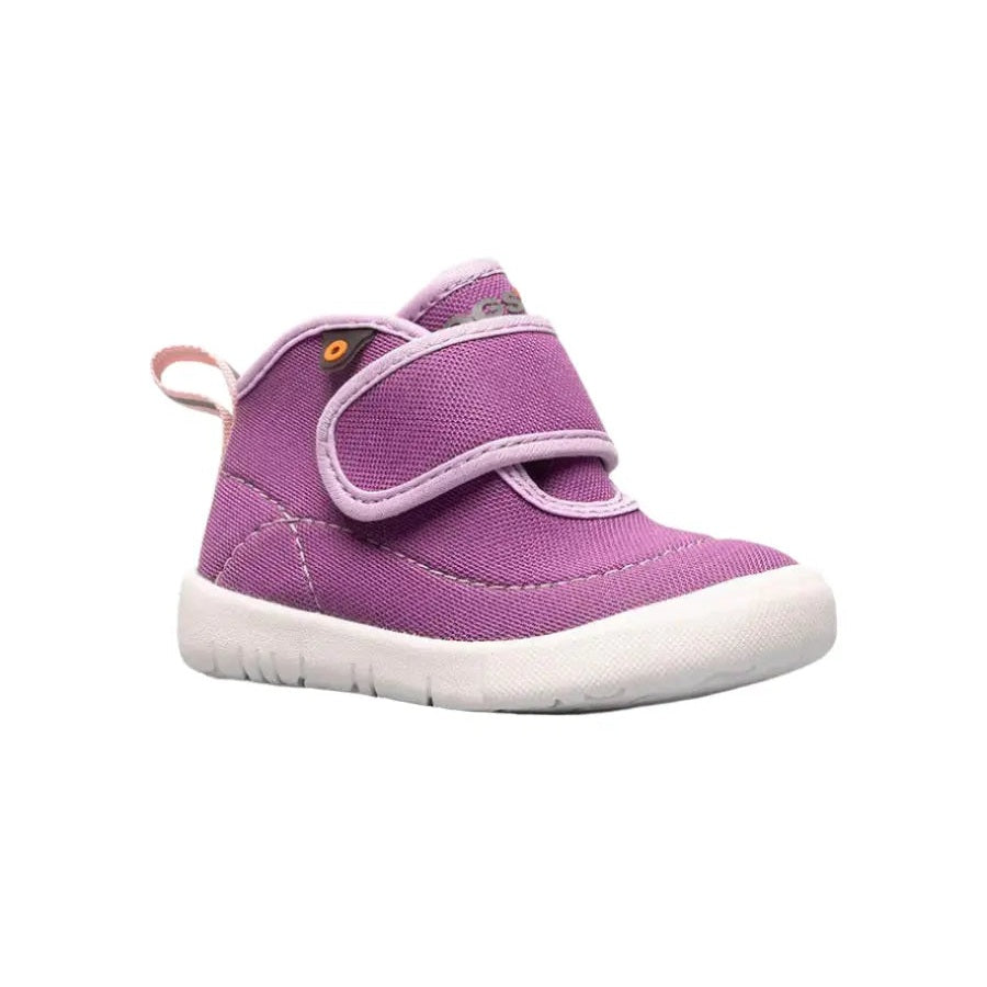 BOGS Baby Kicker Mid Violet toddler boot in purple fabric, with velcro strap securing snugly and white sole.
