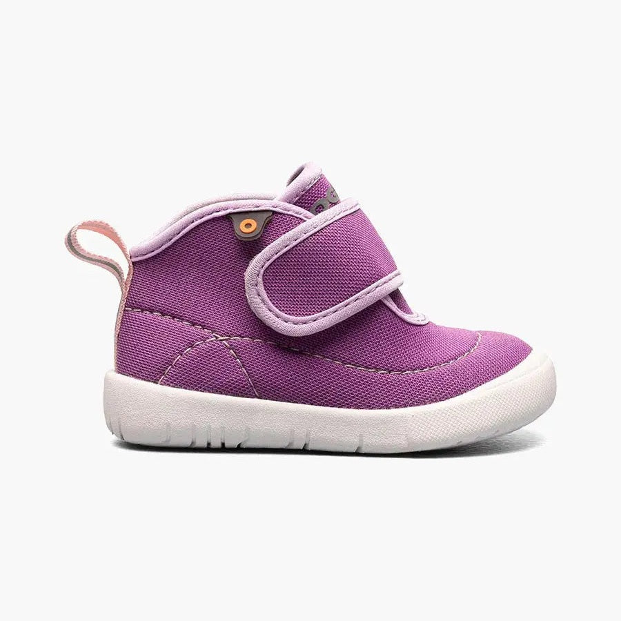 BOGS Baby Kicker Mid Violet toddler boot in purple fabric with pink trim; Velcro strap for easy on.