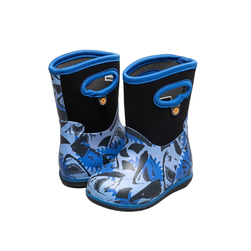 BOGS baby rain boots Classic Sharks, blue shark-print waterproof toddler footwear with black upper and blue trim, 2 pairs