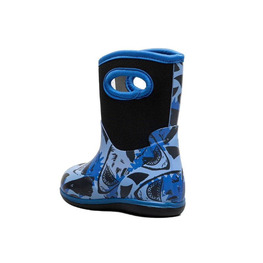 BOGS baby rain boot in blue shark print with black shaft and blue trim